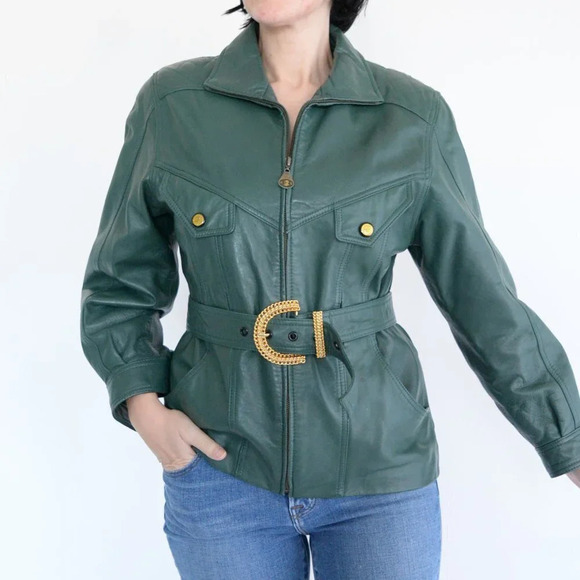 Kaiser  Hunter Green Leather Bomber Jacket with Belt Small - Picture 3 of 16